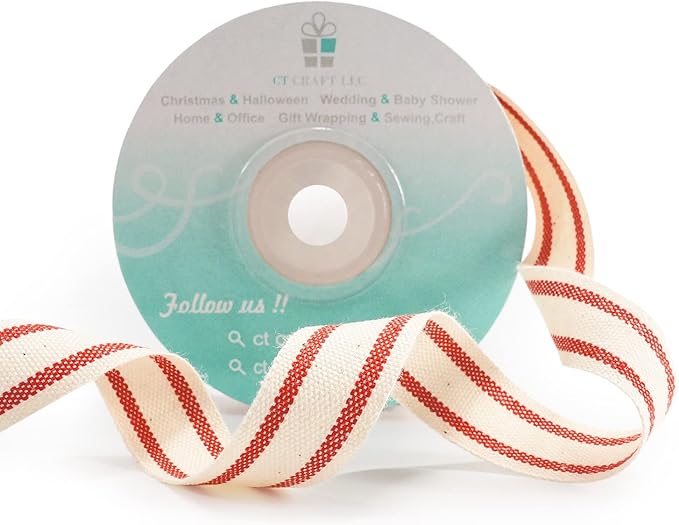CT CRAFT LLC Ivory Cotton Red Stripes Ribbon 5/8" x 10 Yards for Home Décor Gift Present Wrapping DIY Crafts Birthday Wedding Bouquet Christmas