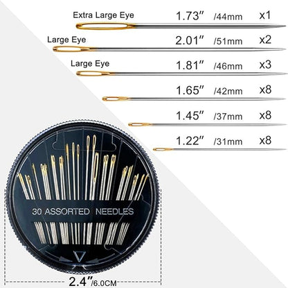 Premium 30/60 Pack Sewing Needles for Hand Sewing Repair with 2 Threaders, 6 Sizes Assorted Large Eye Stitching Needles for Embroidery and Handsewing