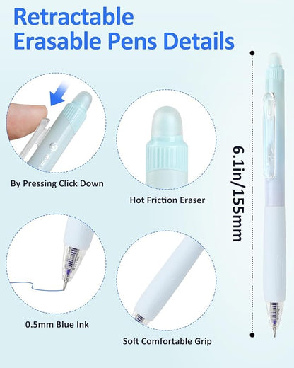 Solati Erasable Pens, 6 Pack Fine Point 0.5mm Black Erasable Gel Pens with 360°Rotating Erasers, Make Mistakes Disappear, Comfort Grip for Drawing, Writing, Planning, and Crossword Puzzles (Blue Ink)