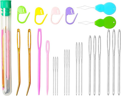 Hekisn 25Pcs Large Eye Blunt Yarn Needles kit, Assorted Sizes Bent Tapestry Darning Needle, Sewing Needles with Needle Threaders & Stitch Markers for Knitting Crochet (Green)