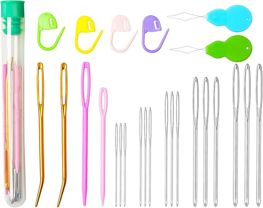 Hekisn 25Pcs Large Eye Blunt Yarn Needles kit, Assorted Sizes Bent Tapestry Darning Needle, Sewing Needles with Needle Threaders & Stitch Markers for Knitting Crochet (Green)