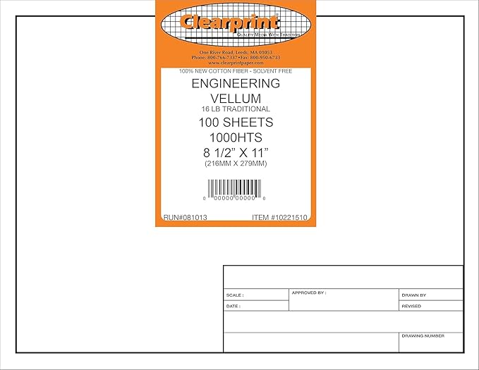 Clearprint 8-1/2" x 11" 1000H Design Vellum Sheets with Engineer Title Block, 16 lb., 100% Cotton, 100 Sheets Per Pack, 1 Each