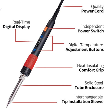 YIHUA 928D-III Soldering Iron,110W High Power, Fully Digital Display °F /°C- Temperature Control Soldering Tool, Accurate 194~896°F, with ON/OFF Switch, Iron Tip, Brass Wool, Automatic Sleep Mode