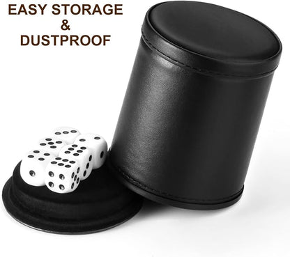 Felt Lined Dice Cup PU Leather Set, Quiet Shaker for Dice Board Family Games Yahtzee Farkle, Set of Six 16mm Rolling Dice Included