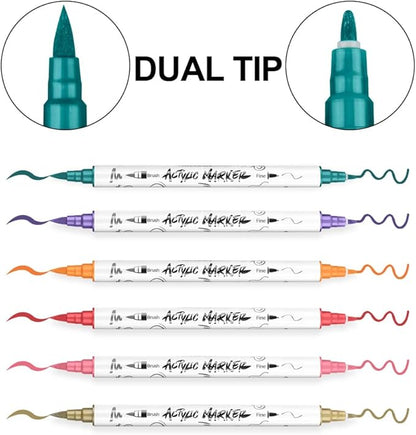 TRANSON 24 Colors Fine and Brush Dual-tip Acrylic Paint Marker Pen Set for Canvas Rock Wood Leather Ceramic DIY Painting