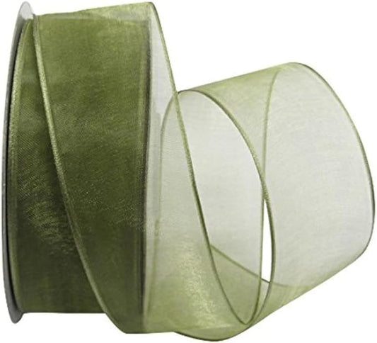 Ribbon Bazaar Sheer Organza Wired Ribbon - 100% Polyester Wire Edged Ribbon for Floral Decor, Table Arrangements, Apparel Embellishment & More - 1-1/2" Moss 25yd