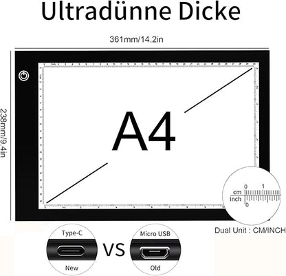 Light Box Drawing Pad, Tracing Board with Type-C Charge Cable and Brightness Adjustable for Artists, AnimationDrawing, Sketching, Animation, X-ray Viewing (DE-A4-P-black)