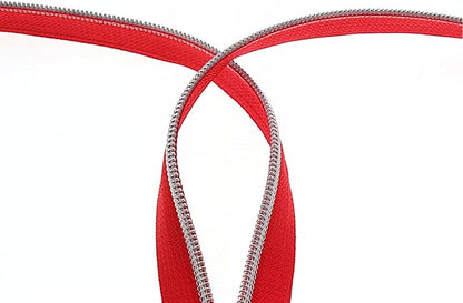 Leekayer #5 Silver Metallic Teeth Nylon Coil Zippers by The Yard Bulk 10 Yards Red Zipper Tape with 25pcs Silver Ring Pull Sliders for DIY Sewing Tailor Craft Bag(Red)