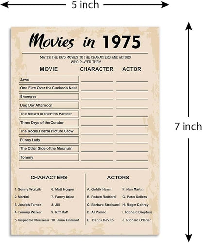 50th Birthday Party Games, Movie in 1975 Games, Birthday Party Supplies for Adults, Fun 1975s Party Game，Pack of 30 Cards