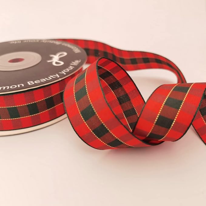 Micomon X'Mas Gingham Ribbon Green Red Metallic Gingham Ribbon 25 Yards Each Roll 100% Polyester (1",RedGreenGold)