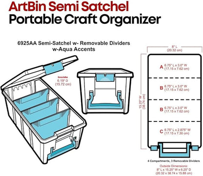 ArtBin 6925AA Semi Satchel with Removable Dividers, Portable Art & Craft Organizer with Handle, [1] Plastic Storage Case, Clear with Aqua Accents