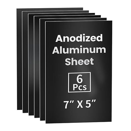 GCGOODS 6 Pcs 7 x 5 inch Anodized Aluminum Sheet Set, Metal Blanks for Laser Engraving, Engraving Plates for Crafting, Decoration, DIY, Black Colors