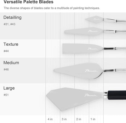 PHOENIX High Flexible Palette Knife Set, 5 Pieces Stainless Steel Painting Knives (31,43,44,46,51) Art Knife with Wood Handle, Paint Spatula for Oil Acrylic Paint - Painting Tools for Artists