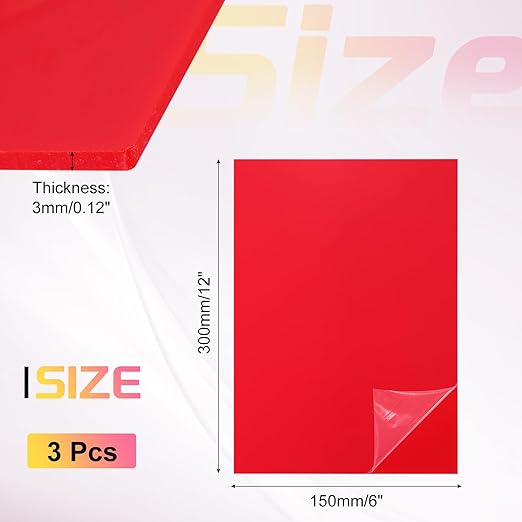 uxcell 3Pcs Acrylic Sheets 12x6 Inch Acrylic Panel 1/8 Inch-3mm Plastic Board for Picture Frames Sign Holders DIY Display Projects Craft, Red
