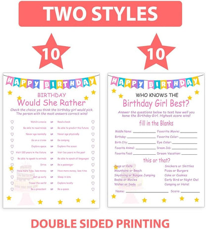 ALodr Girls Birthday Party Set, 20 Birthday Double Sided Cards Set, Girls Birthday Party Activity Notebook Themed Party Activity and Idea - Girl Birthday Supplies, Activity, Decorations