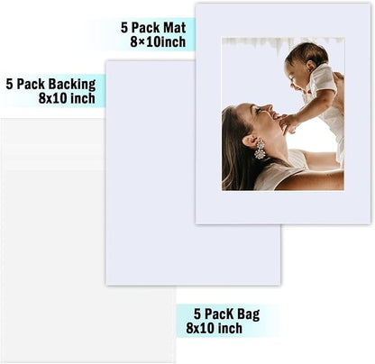 Egofine Pack of 5 White Mat Board Pre-Cut 8x10 Picture Mat for 5x7 Photo with White Core Bevel Cut Mattes Sets. Includes 5 High Premier Acid Free Mats & 5 Backing Board & 5 Clear Bags