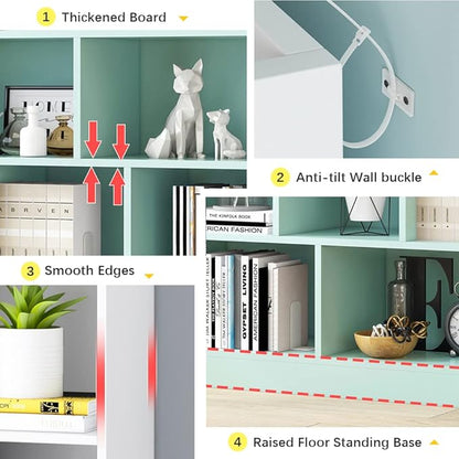 IOTXY Open Shelf Low Bookcase - Wooden 3-Tier Floor Standing Display Cabinet Organizer with Base, 5 Cubes Short Horizontal Bookshelf in Tiffany-Green