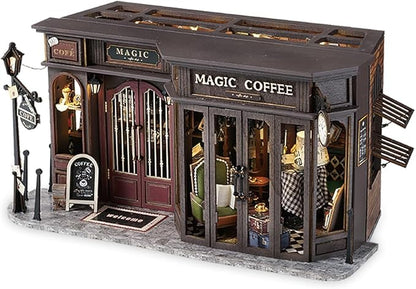 TuKIIE DIY Miniature Dollhouse Kit with Furniture, 1:24 Scale Creative Room Opened & Closed Wooden Doll House Plus Dust Proof for Kids Teens Adults(Vintage Coffee Shop)