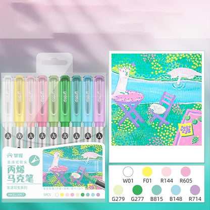 9 Color Acrylic Paint Markers, Brush Tip Acrylic Paint Pens With Visual Ink Window, Fabric Paint Markers for Clothes, Textile - High Coverage on Wood, Glass, Rock - DIY Art Supplies for Kids, Adults