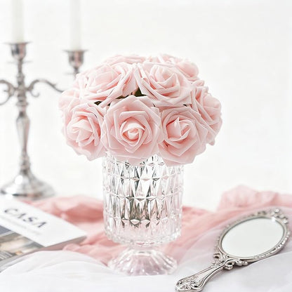 Artificial Flowers Foam Fake Roses 25pcs Light Pink Roses with Stems for Home Decor DIY Wedding Bouquets Party Bridal Shower Centerpieces Faux Flower Arrangements Tables Decorations