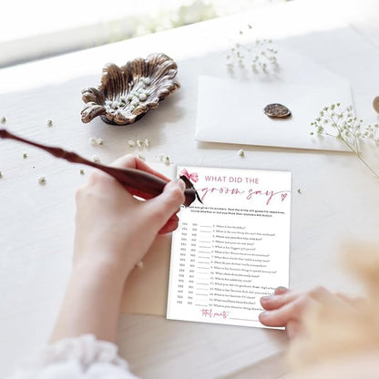 Wedding Shower Games Cards, What Did The Groom Say, Bridal Shower Games 25 Guests, Engagement Party Wedding Games for Guests, Pink Ribbon Bow Wedding Party Supplies - E12