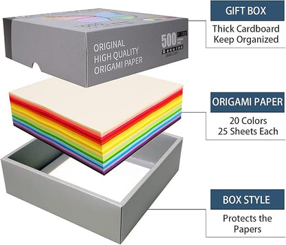 Origami Paper 500 Sheets, 20 Vivid Colors, Double Sided Colors Make Colorful and Easy Origami,6 Inch Square Sheet, for Kids & Adults, Papers, Arts and Crafts Projects (E-book included)