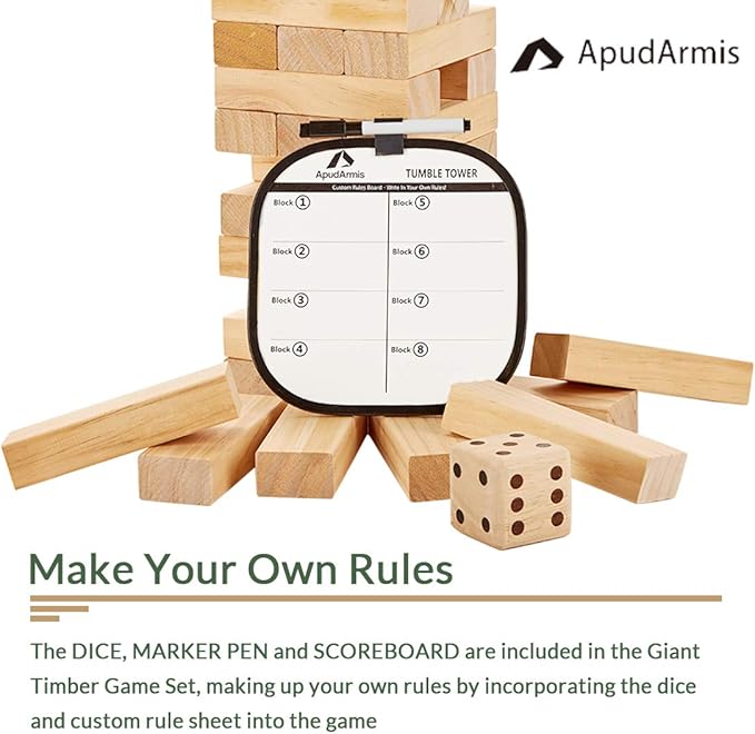 ApudArmis 54 PCS Tumble Timber Set [Up to 3.2FT], Pine Wooden Tumble Tower Game with Dice and Scoreboard Set - Classic Block Stacking Board Game for Teens Adults