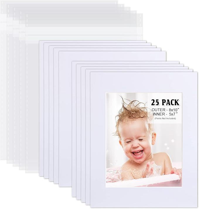 Egofine Pack of 25 White Mat Board Pre-Cut 8x10 Picture Mat for 5x7 Photo with White Core Bevel Cut Mattes Sets. Includes 25 High Premier Acid Free Mats & 25 Backing Board & 25 Clear Bags