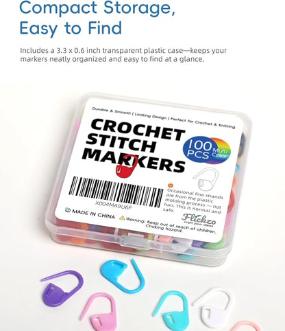 100PCS Crochet Stitch Markers by Flickzo – Locking Stitch Markers with Storage Case, Plastic Safety Pins for Knitting & Crochet, Colorful Yarn Accessories for Crochet Tools & Supplies