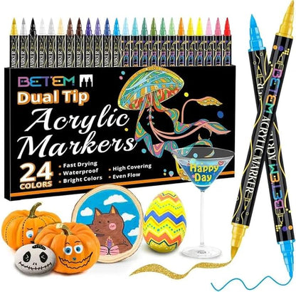 Betem Acrylic Paint Markers, Dual Tip 24 Colors Acrylic Paint Pens with Brush Tip and Fine Point, Art Supplies for Rock, Wood, Canvas, Stone, Glass, Ceramic, Rock Painting DIY Crafts Making Drawing