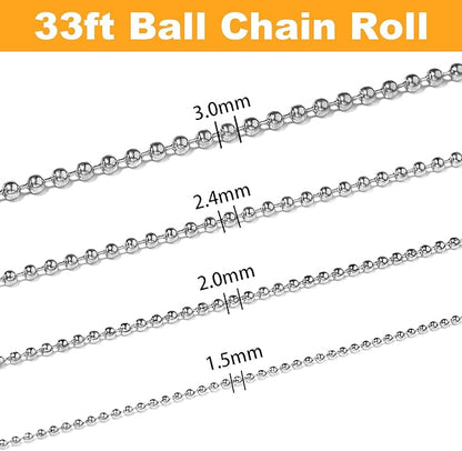 Jishi Steel Ball Chain Bead Dog Tag Chain Beaded Necklace Chains for Jewelry Making Bracelet Military Crafts, Silver Metal Pull Chain Small Ball Bead Chain Roll w/20 Connectors (Silver, 33ft 1.5mm)