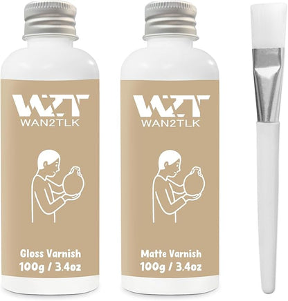 Air Dry Clay Glaze & Varnish 2-Pack (Matte & Gloss) - 100ml Each with Brush, Waterproof & Scratch Resistant Gloss Clay Varnish for Pottery/DIY Crafts/Sculptures