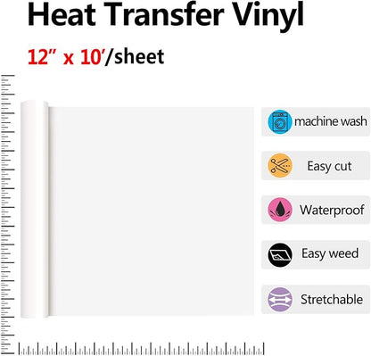 RENLITONG White HTV Iron on Vinyl 12Inch by 10ft Roll Heat Transfer Vinyl for T-Shirt HTV Rolls for All Cutter Machine - Easy to Cut & Weed for Heat Transfer Design