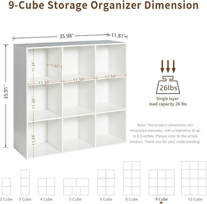 Wooden 9-Cube Storage Organizer with Closed Back Panel, 11in Cube Shelf Opening, Bookshelf, Display Shelf,Closet Cabinet for Home and Office,Embossed White