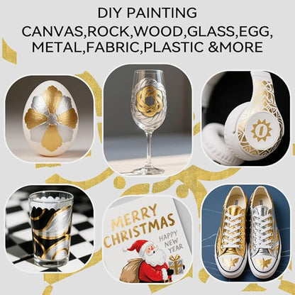 TRANSON 4 Silver and 4 Gold Paint Markers Brush and Bold Dual-tip Acrylic Paint Marker Set for Rock Painting Glass Canvas Wood Leather Ceramic Painting