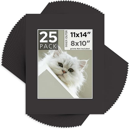Mat Board Center, Pack of 25, 11x14 for 8x10 Black Mats - Acid Free, 4-ply Thickness, White Core - for Pictures, Photos, Framing