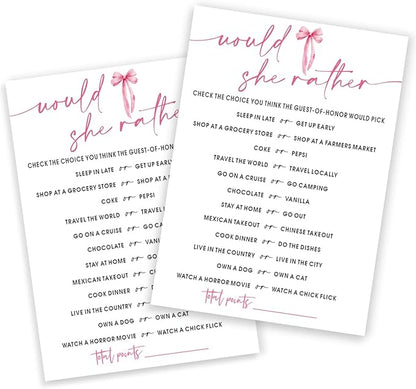 Wedding Shower Games Cards, Would She Rather Bridal Shower Game for 25 Guests, Engagement Party Wedding Games for Guests, Pink Ribbon Bow Wedding Party Supplies - E11