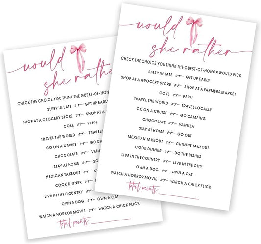 Wedding Shower Games Cards, Would She Rather Bridal Shower Game for 25 Guests, Engagement Party Wedding Games for Guests, Pink Ribbon Bow Wedding Party Supplies - E11