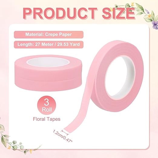 MECCANIXITY 3 Rolls Floral Tapes, 30 Yard x 1/16 in Florist Crepe Flowers Bouquets Tape Adhesive Waterproof for Flower Arranging Wrapping, Pink