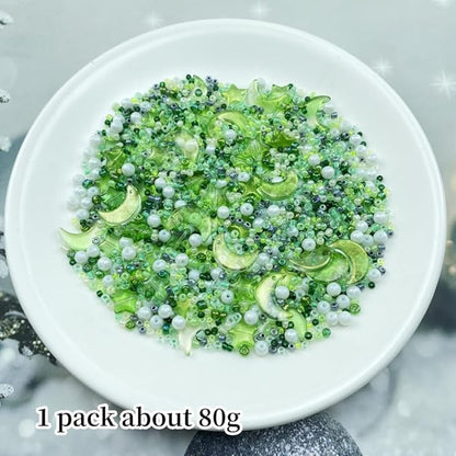 Assorted Glass Beads for Jewelry Making Multi Size Colors Glass Star Moon Seed Pearl Spacer Beads for Bracelets Necklace Earring Making(White Light Green)