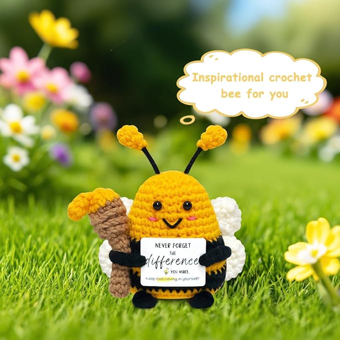 Funny Birthday Gifts for Women Men - Crochet Bee Animals with Positive Card, Appreciation Gifts for Coworker Boss Friend Sister, Inspirational Relaxation Gift Emotional Cheer Support Crochet Bee