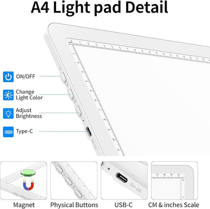 TOHETO A4 Light Board with Bag for Diamond Painting, Super Bright Magnetic Light Pad with Side Buttons, Lightbox for Tracing and Drawing, Corded Light Table for Sketching, Weeding Vinyl (White)