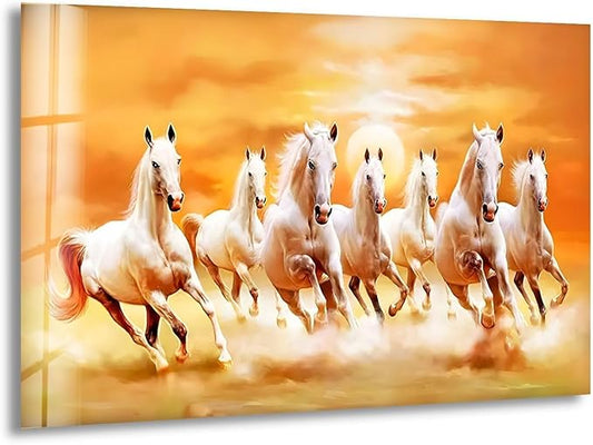 My Photostation.com Round 24'' White Horses Running on Sunset Glass Wall ArtTempered Glass Printing Wall Decor Large Wall Art Wall Hangings