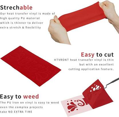 HTVRONT Red HTV Heat Transfer Vinyl Bundle: 24 Pack 12"x12" Iron on Vinyl Sheets for T-Shirt (1 PTFE Sheet Included), PU HTV Easy to Cut & Weed for Heat Design