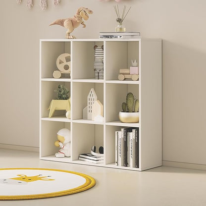 Wood Cube Storage Organizer Closet Cabinet for Living Room Bedroom Study Shelf Bookcase Wooden Floor Standing Open Bookshelf for Kids Home Office Display Storage Cabinet (White, 9-Cube, 11.81in)