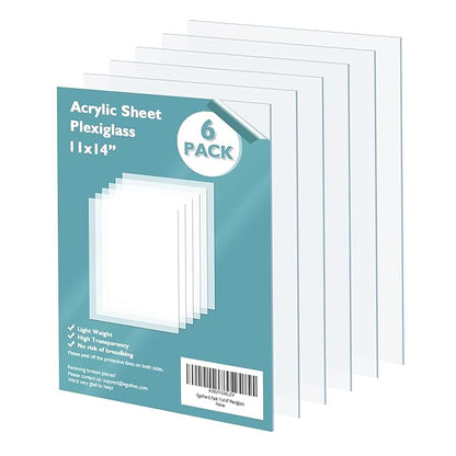 Egofine Plexiglass Sheets Acrylic Sheets 6 Pack of 11x14’’ 0.04 Thick Clear Plastic Cast Transparent Plexi Glass for Crafting Projects, Replacement Picture Frame Glass, DIY Display, Easy to Cut