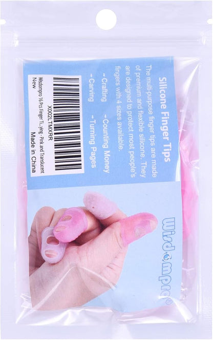 Wisdompro 16 Pcs Finger Tips, 4 Sizes Silicone Thimble Fingertip Grips Thumb Protectors Pads Cover for Hand Sewing, Paper Sorting, Page Turning, Money Counting, Guitar Playing - Pink, Translucent