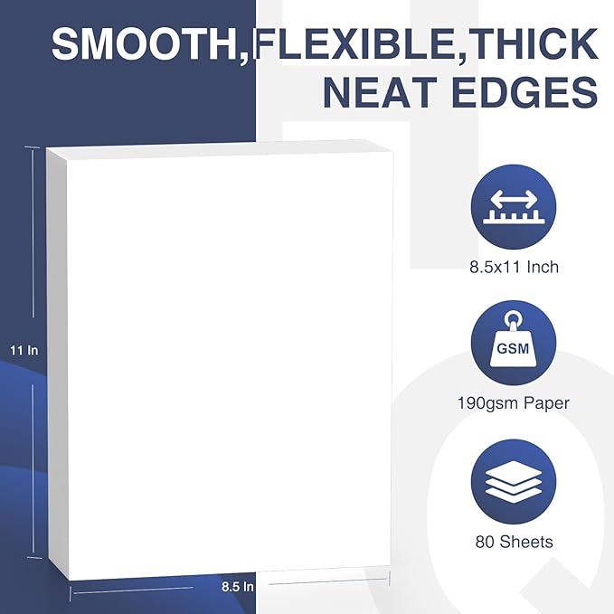Cardstock 8.5 x 11 Inch 80 Sheets 190 gsm Heavyweight Card Stock Paper White Cardstock Printer Paper Perfect for Wedding Invitations, DIY Cards, Postcards, Photos, Art and Crafts