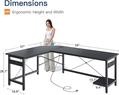 Coleshome 59" L Shaped Gaming Desk with Outlet, L Shaped Desk with CPU Stand, Corner Computer Desk, Home Office Desk, Writing Desk, Black