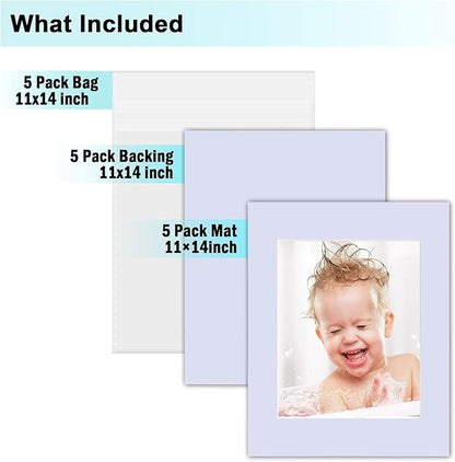 Egofine Pack of 5 White Pre-Cut Mat Board 11x14 Picture Mat for 8x10 Photo with White Core Bevel Cut Mattes Sets. Includes 5 High Premier Acid Free Mats & 5 Backing Board & 5 Clear Bags